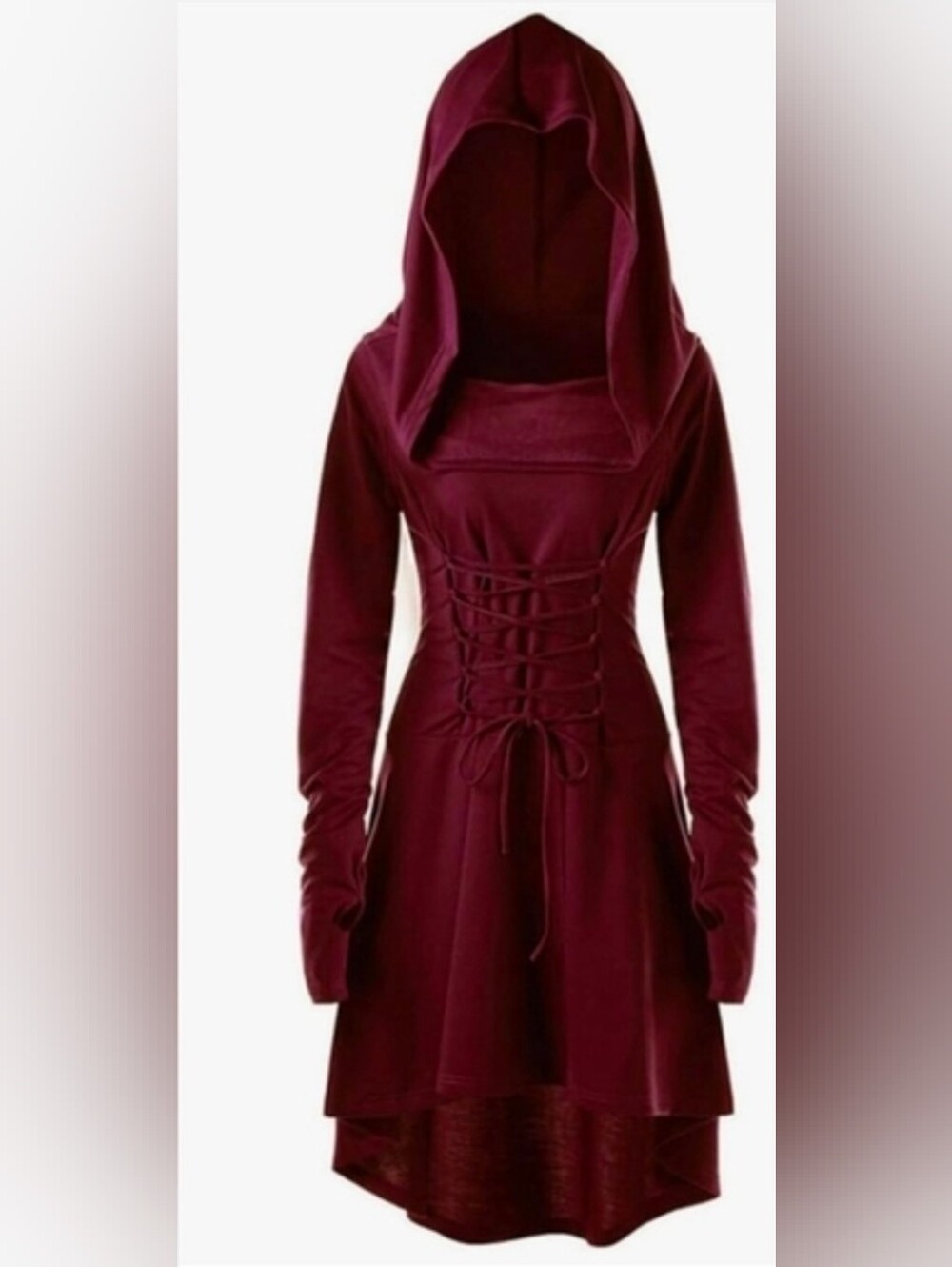 Women's Burgundy Hooded Lace-Up Renaissance Asymmetrical Midi Dress